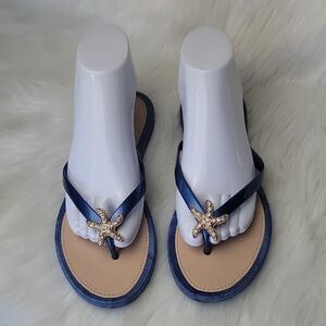 ASHLEY BLUE Blue Tan Gold Rhinestone Starfish Summer Beachy Rubber Thong‎ Sandal
